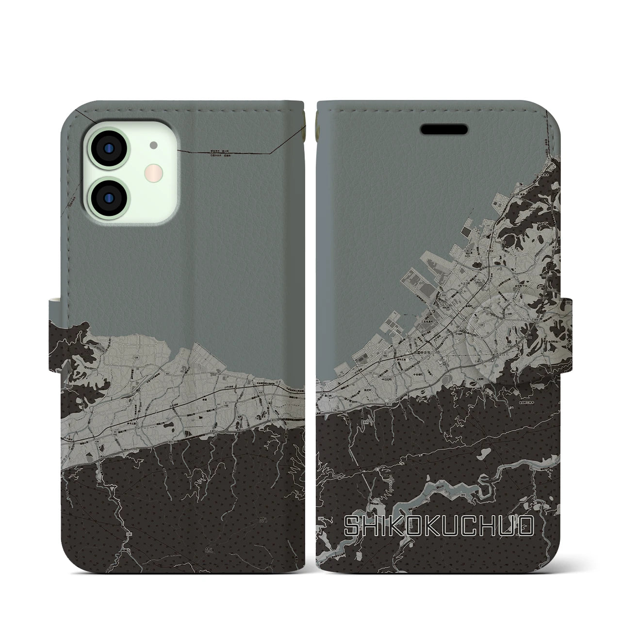 【四国中央(愛媛県)】地図柄iPhoneケース(手帳タイプ)モノトーン・iPhone 12 mini 用