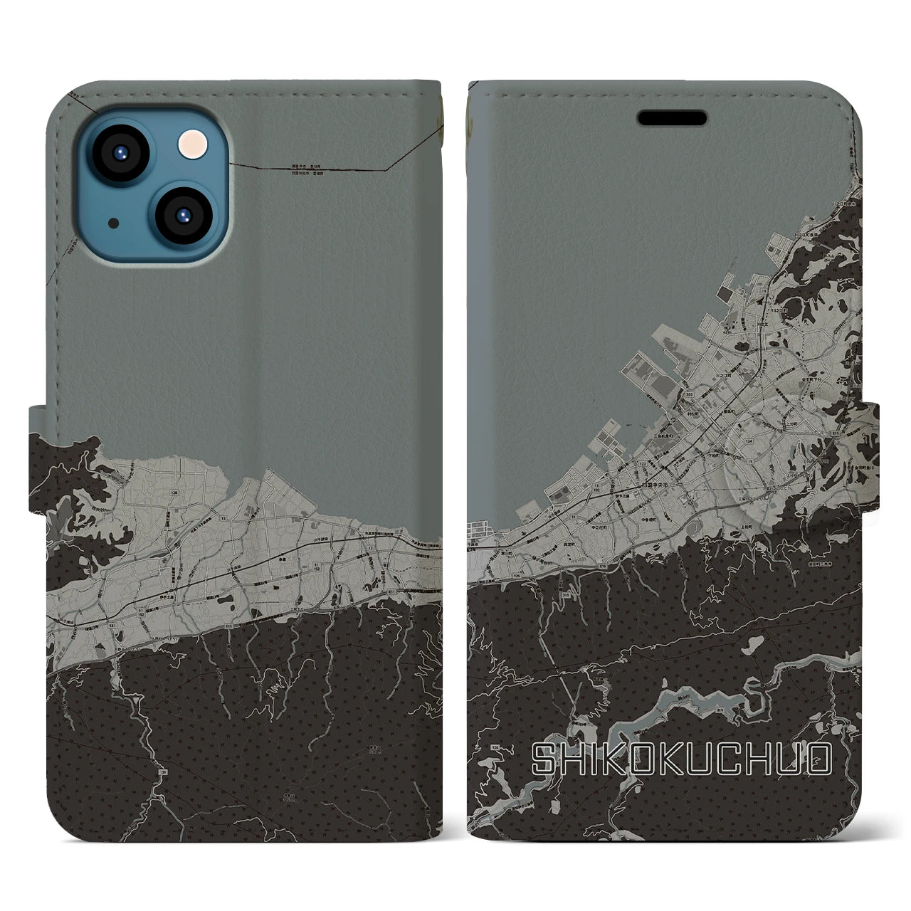 【四国中央(愛媛県)】地図柄iPhoneケース(手帳タイプ)モノトーン・iPhone 13 用