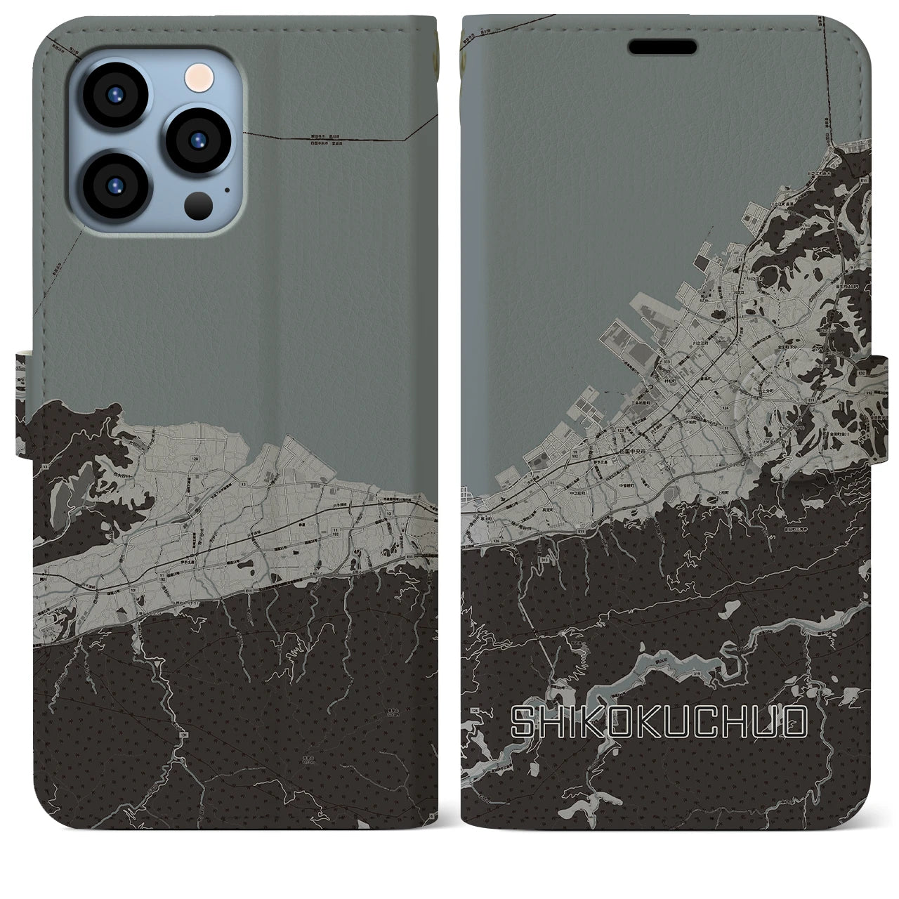 【四国中央(愛媛県)】地図柄iPhoneケース(手帳タイプ)モノトーン・iPhone 13 Pro Max 用