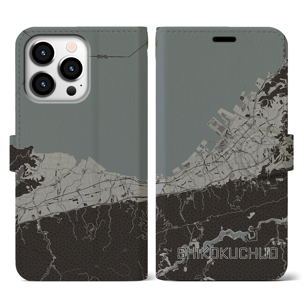 【四国中央(愛媛県)】地図柄iPhoneケース(手帳タイプ)モノトーン・iPhone 13 Pro 用
