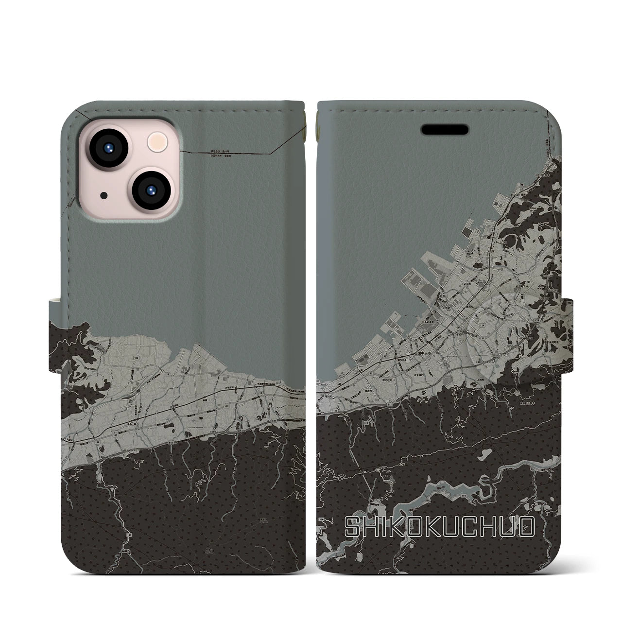 【四国中央(愛媛県)】地図柄iPhoneケース(手帳タイプ)モノトーン・iPhone 13 mini 用