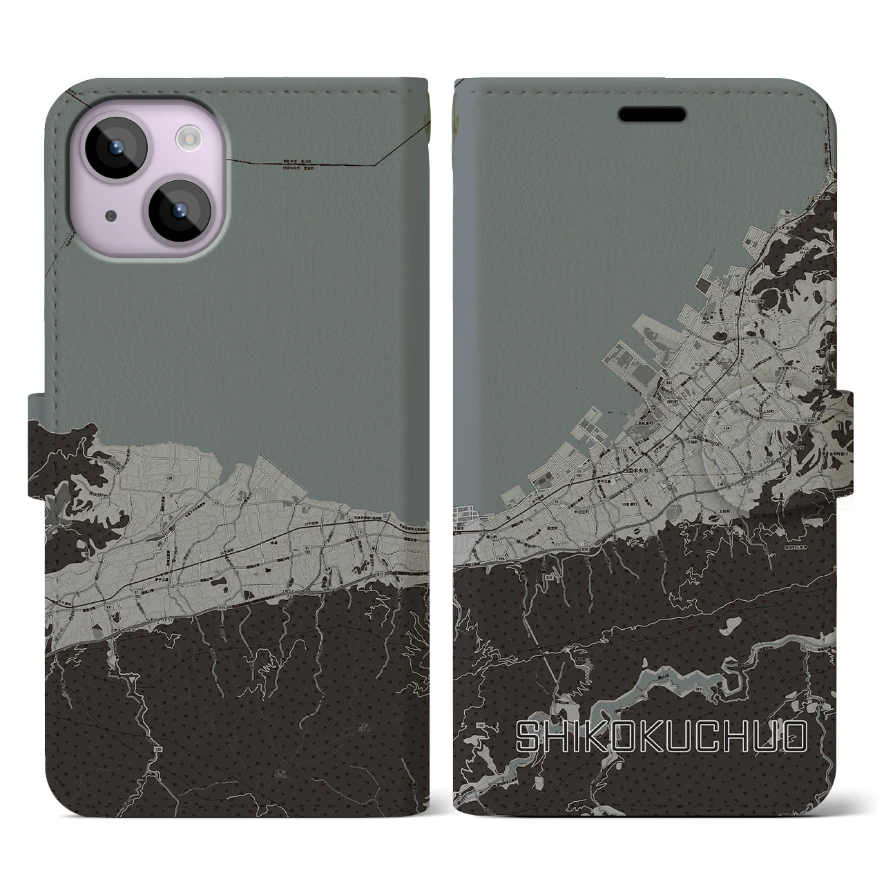 【四国中央(愛媛県)】地図柄iPhoneケース(手帳タイプ)モノトーン・iPhone 14 用