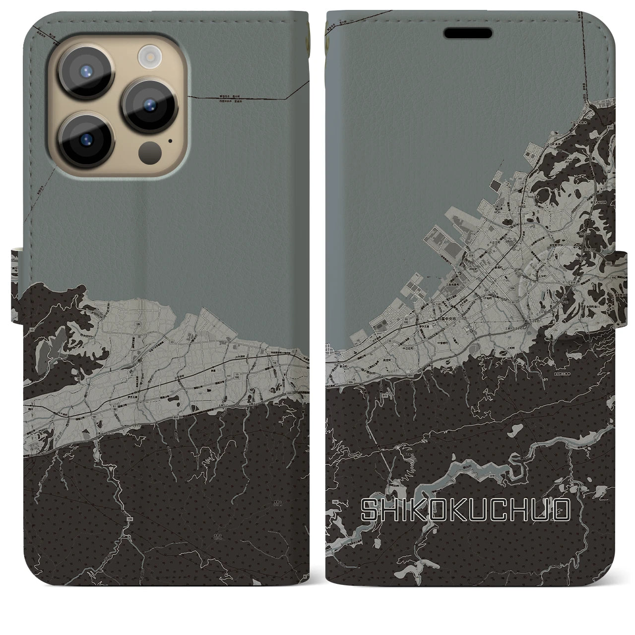 【四国中央(愛媛県)】地図柄iPhoneケース(手帳タイプ)モノトーン・iPhone 14 Pro Max 用