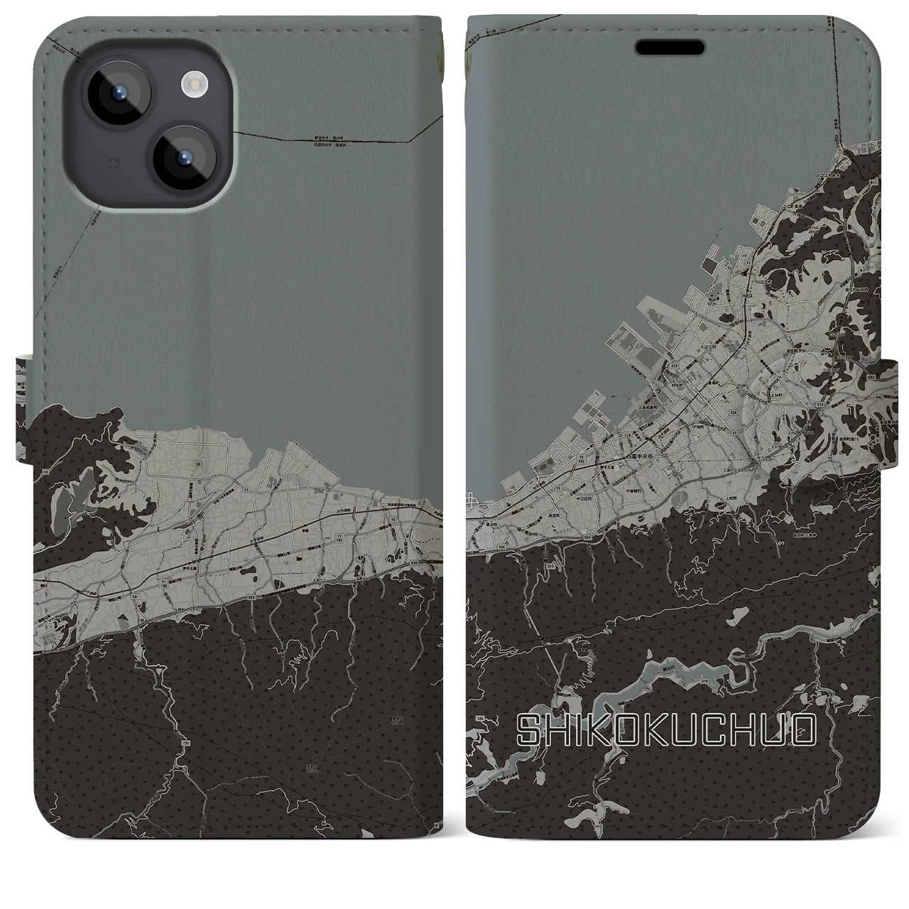 【四国中央(愛媛県)】地図柄iPhoneケース(手帳タイプ)モノトーン・iPhone 14 Plus 用
