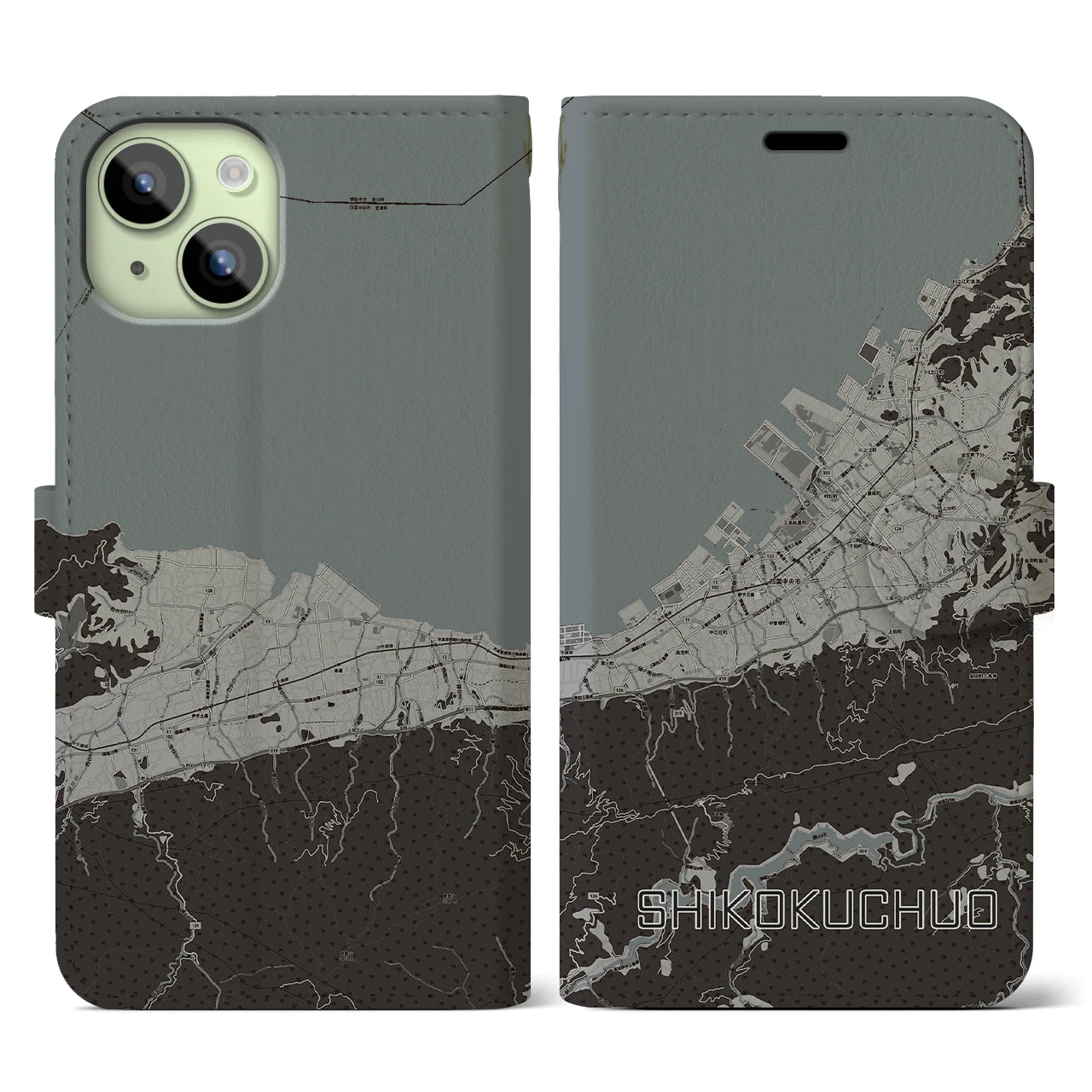 【四国中央(愛媛県)】地図柄iPhoneケース(手帳タイプ)モノトーン・iPhone 15 用