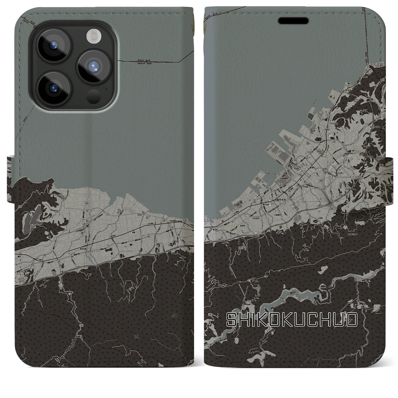 【四国中央(愛媛県)】地図柄iPhoneケース(手帳タイプ)モノトーン・iPhone 15 Pro Max 用