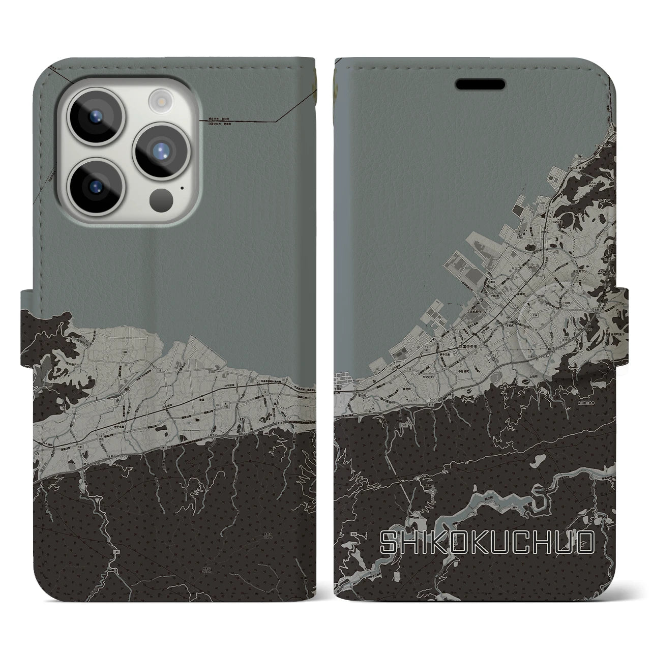【四国中央(愛媛県)】地図柄iPhoneケース(手帳タイプ)モノトーン・iPhone 15 Pro 用