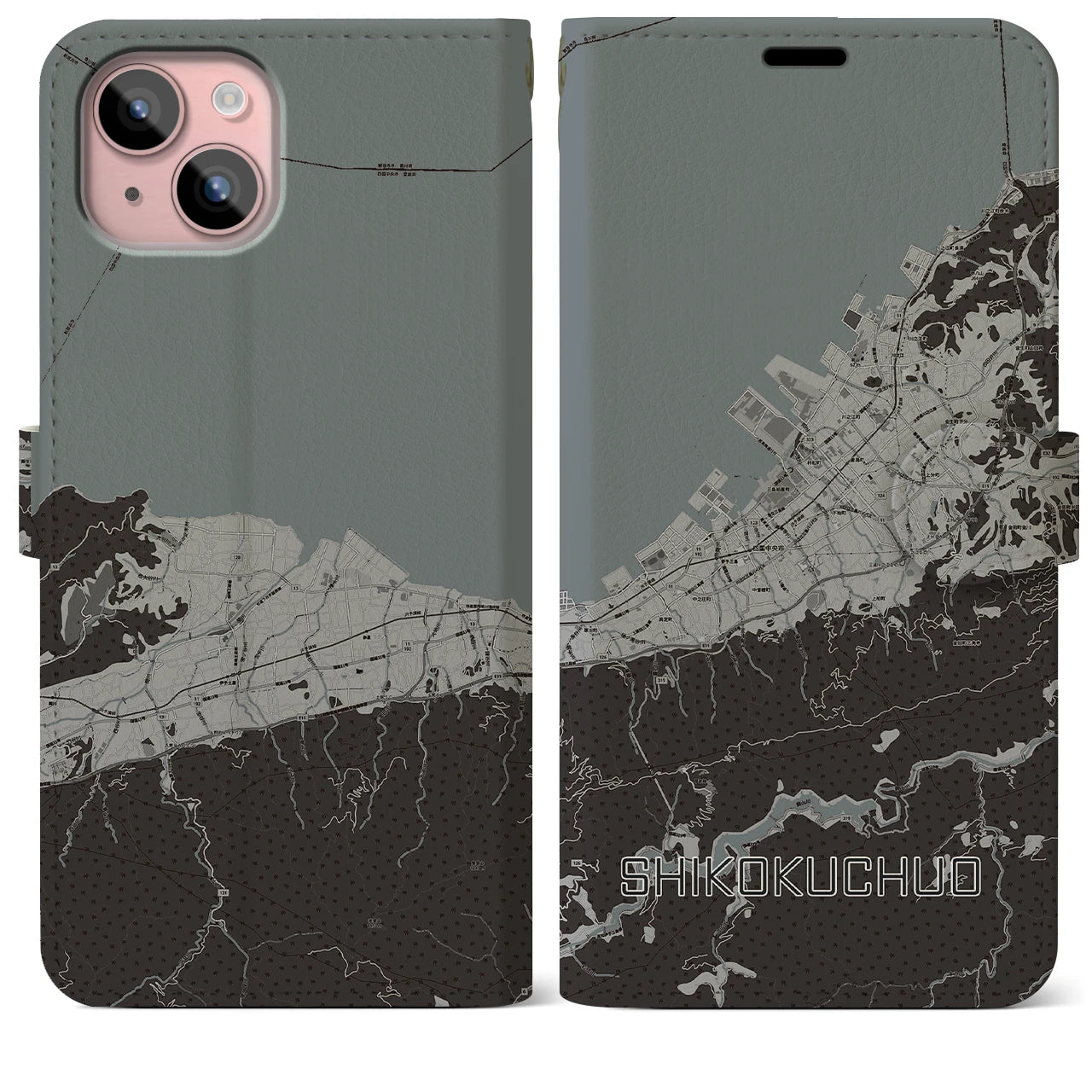 【四国中央(愛媛県)】地図柄iPhoneケース(手帳タイプ)モノトーン・iPhone 15 Plus 用