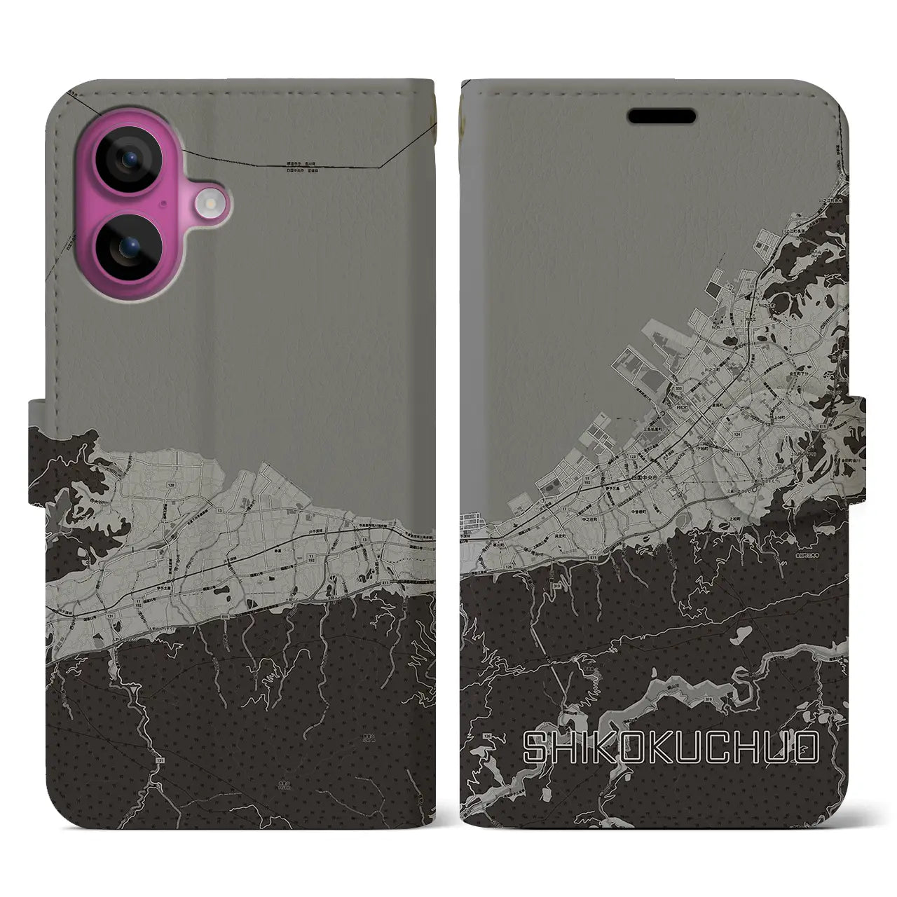 【四国中央(愛媛県)】地図柄iPhoneケース(手帳タイプ)モノトーン・iPhone 16 Pro 用