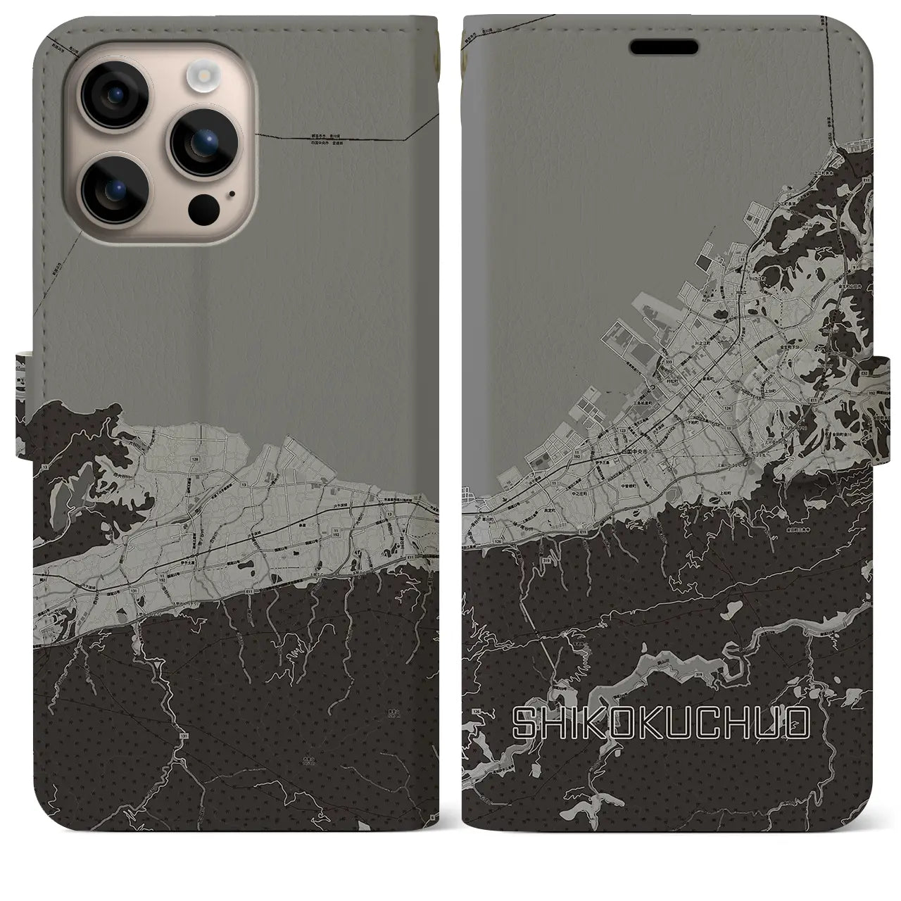 【四国中央(愛媛県)】地図柄iPhoneケース(手帳タイプ)モノトーン・iPhone 16 Plus 用