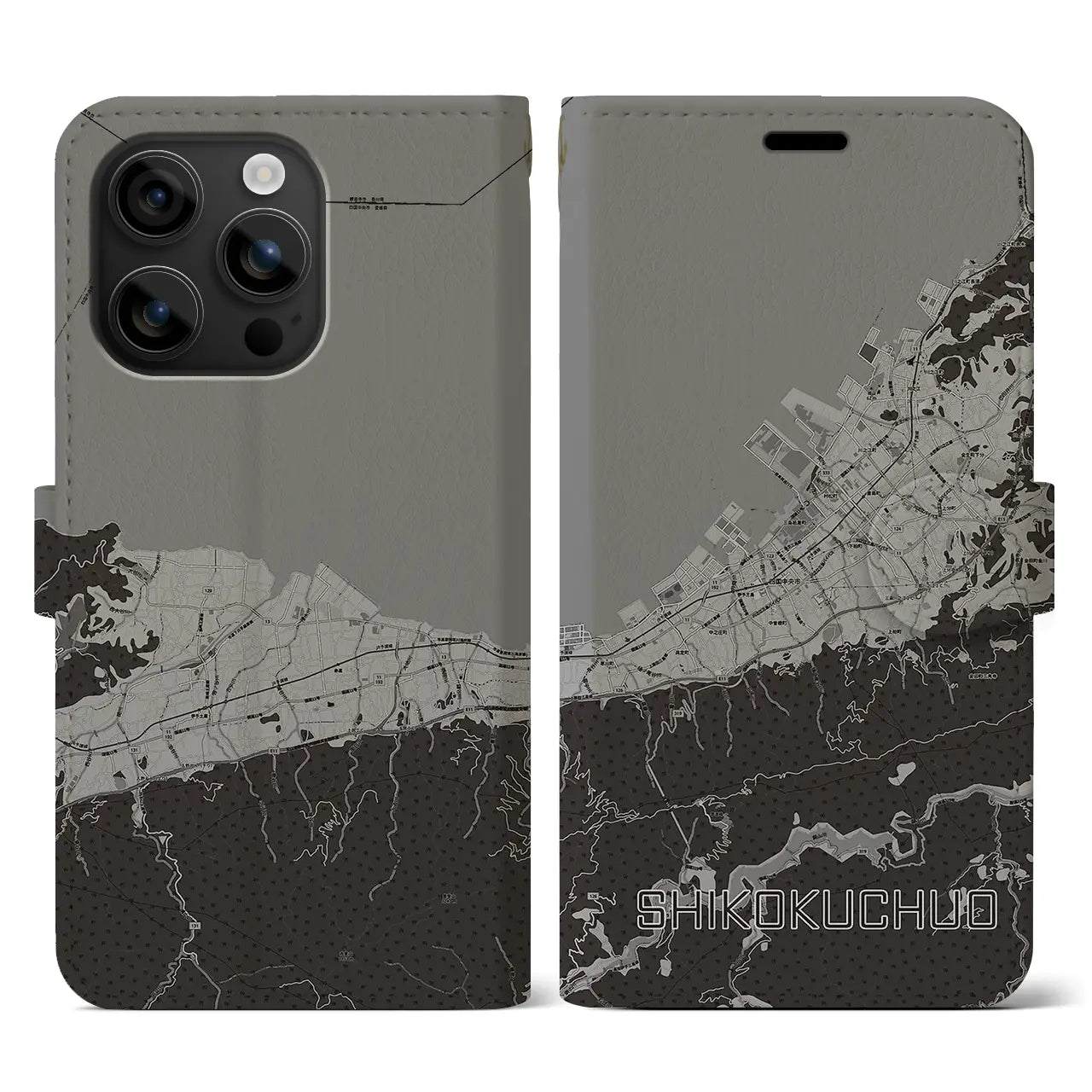 【四国中央(愛媛県)】地図柄iPhoneケース(手帳タイプ)モノトーン・iPhone 16 用