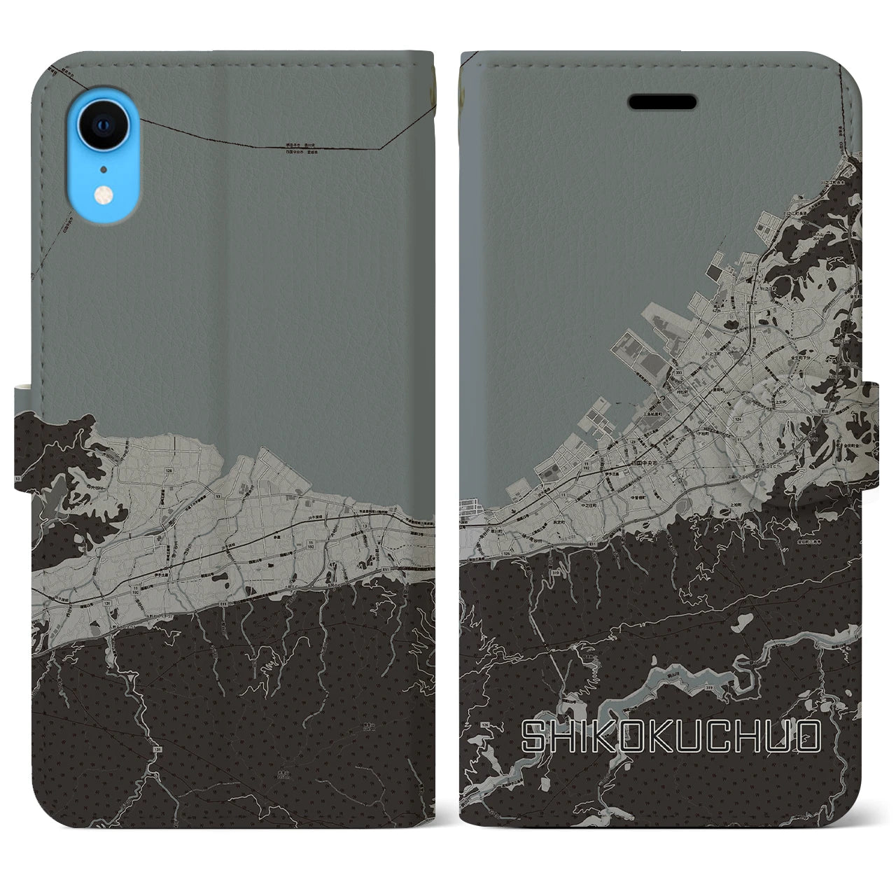 【四国中央(愛媛県)】地図柄iPhoneケース(手帳タイプ)モノトーン・iPhone XR 用