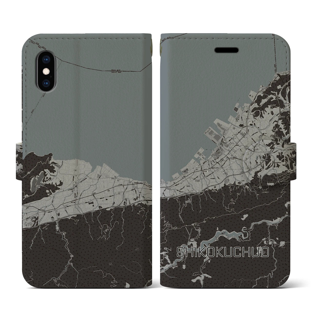 【四国中央(愛媛県)】地図柄iPhoneケース(手帳タイプ)モノトーン・iPhone XS / X 用