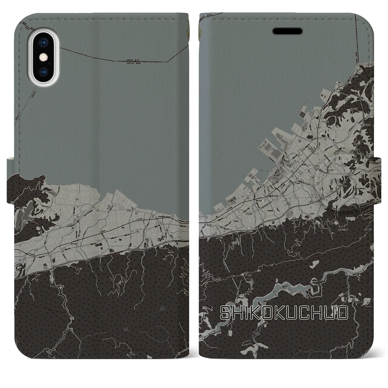 【四国中央(愛媛県)】地図柄iPhoneケース(手帳タイプ)モノトーン・iPhone XS Max 用