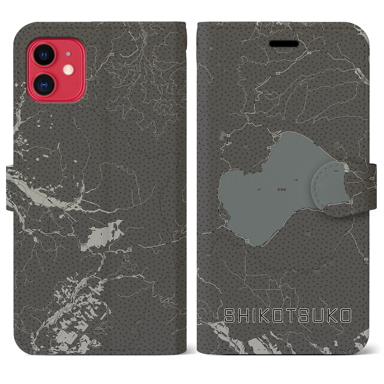 【支笏湖(北海道)】地図柄iPhoneケース(手帳タイプ)モノトーン・iPhone 11 用