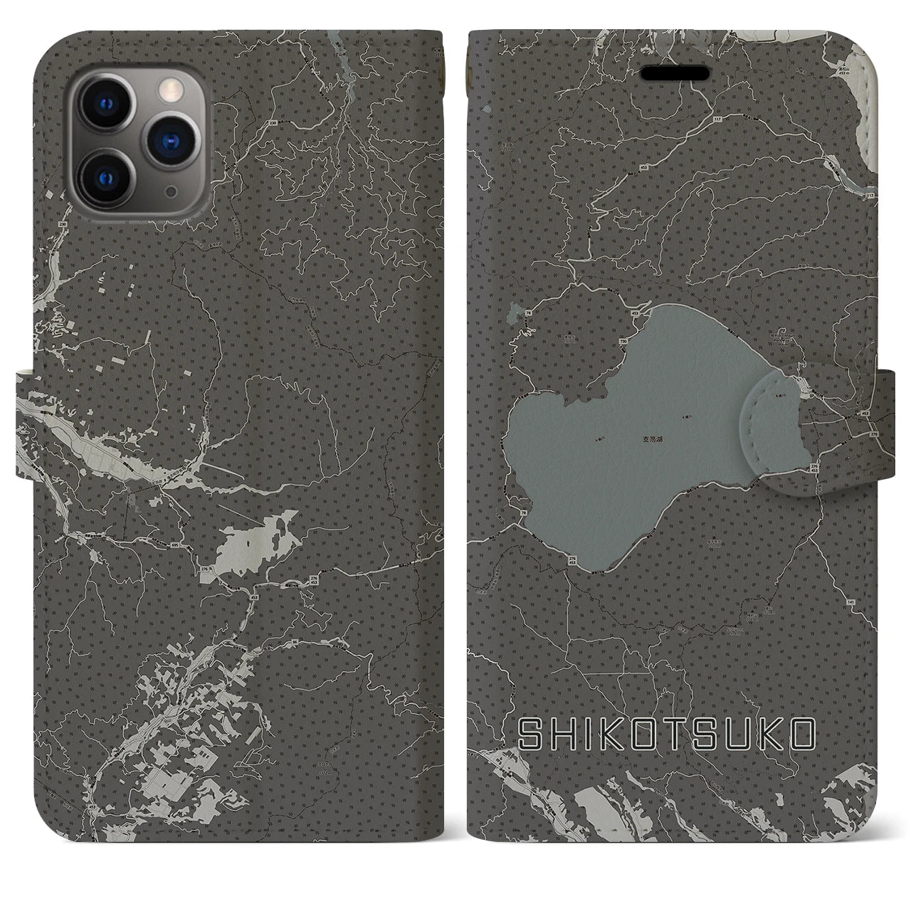 【支笏湖(北海道)】地図柄iPhoneケース(手帳タイプ)モノトーン・iPhone 11 Pro Max 用
