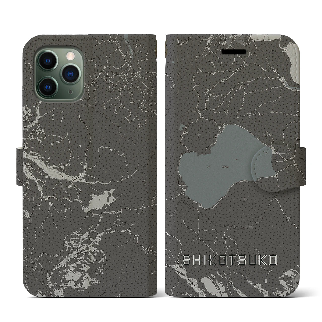 【支笏湖(北海道)】地図柄iPhoneケース(手帳タイプ)モノトーン・iPhone 11 Pro 用