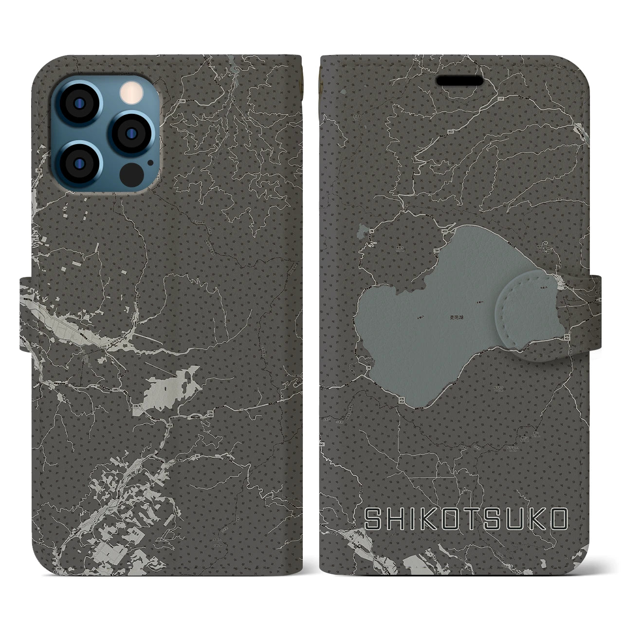 【支笏湖(北海道)】地図柄iPhoneケース(手帳タイプ)モノトーン・iPhone 12 / 12 Pro 用
