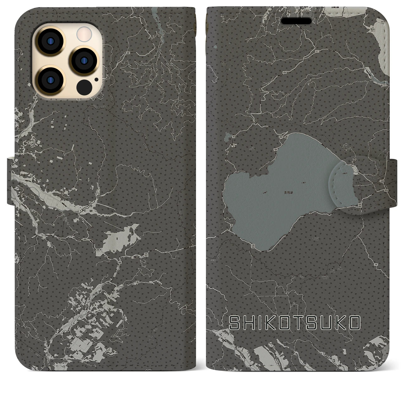 【支笏湖(北海道)】地図柄iPhoneケース(手帳タイプ)モノトーン・iPhone 12 Pro Max 用