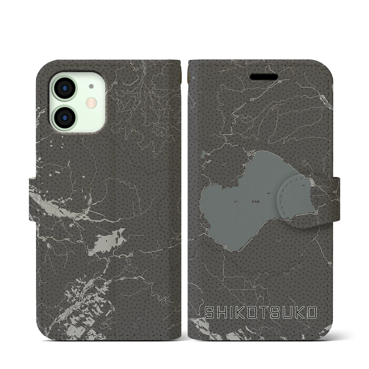 【支笏湖(北海道)】地図柄iPhoneケース(手帳タイプ)モノトーン・iPhone 12 mini 用