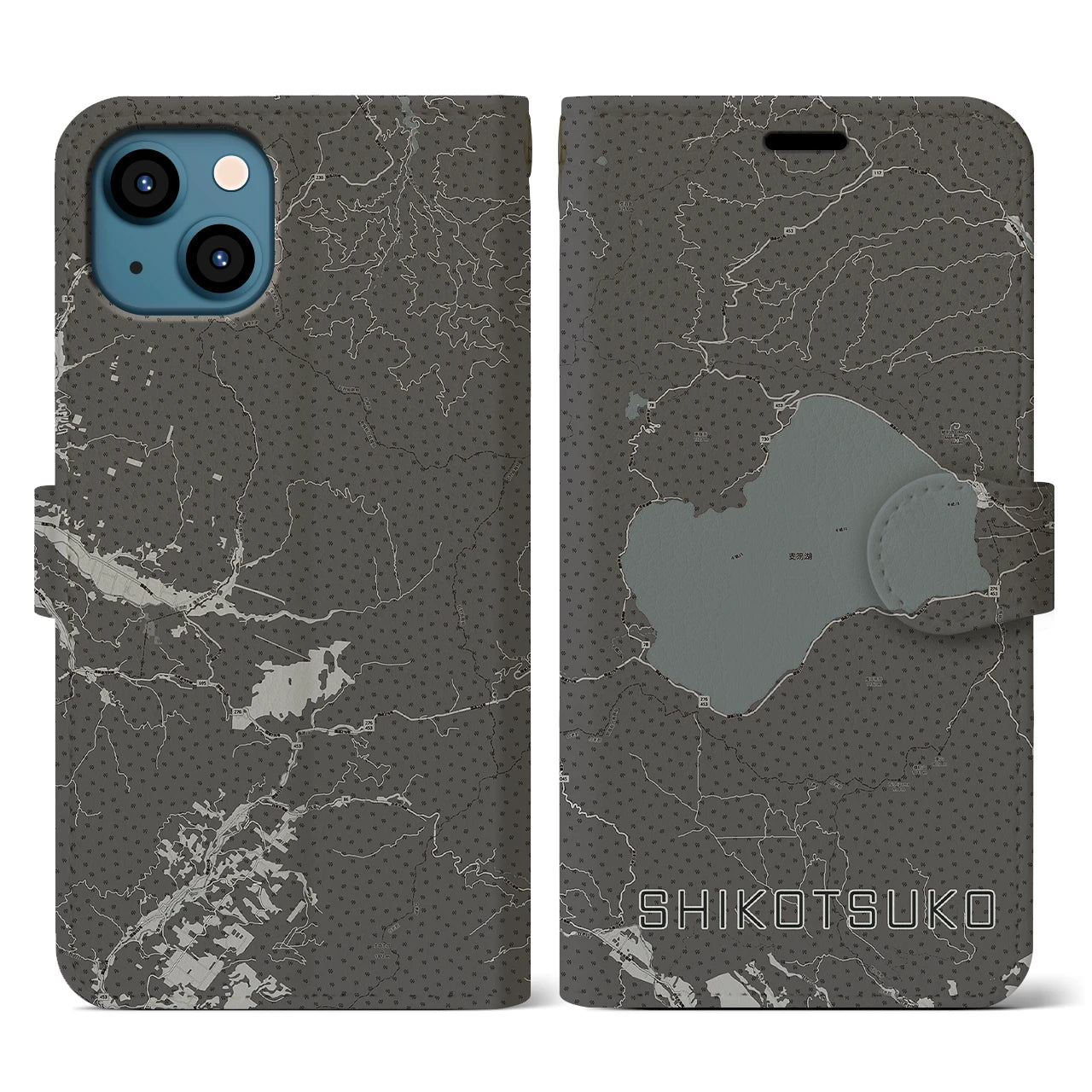 【支笏湖(北海道)】地図柄iPhoneケース(手帳タイプ)モノトーン・iPhone 13 用