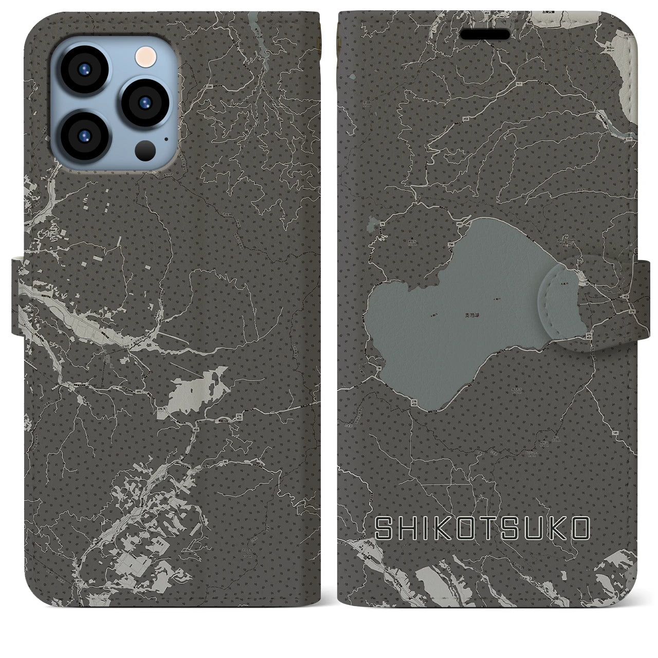 【支笏湖(北海道)】地図柄iPhoneケース(手帳タイプ)モノトーン・iPhone 13 Pro Max 用