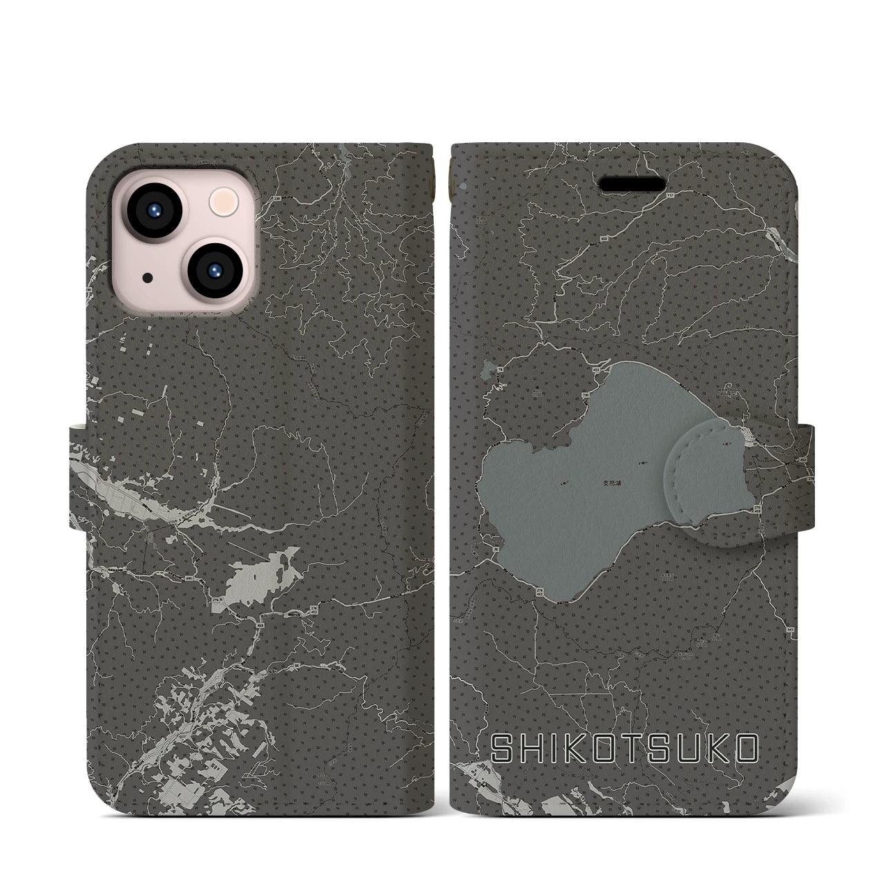 【支笏湖(北海道)】地図柄iPhoneケース(手帳タイプ)モノトーン・iPhone 13 mini 用