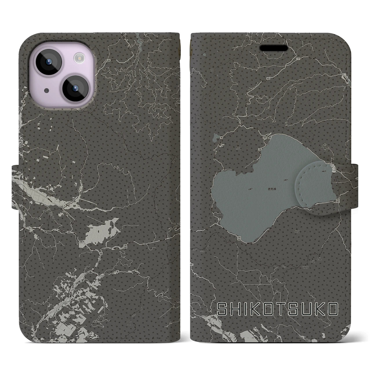 【支笏湖(北海道)】地図柄iPhoneケース(手帳タイプ)モノトーン・iPhone 14 用