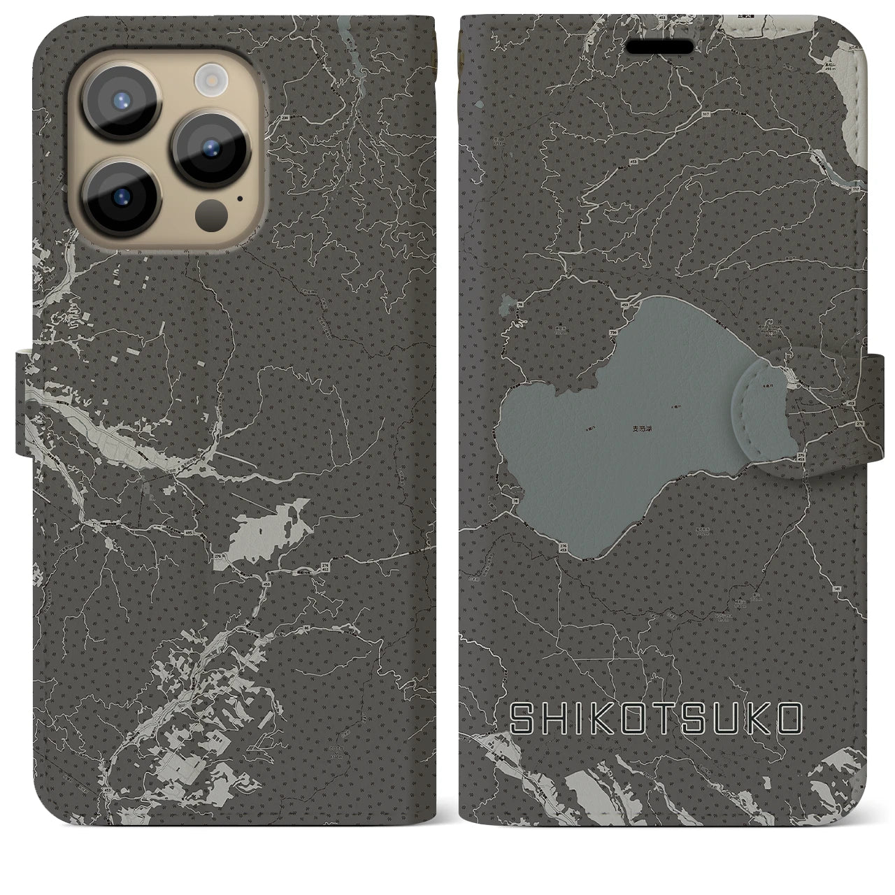 【支笏湖(北海道)】地図柄iPhoneケース(手帳タイプ)モノトーン・iPhone 14 Pro Max 用