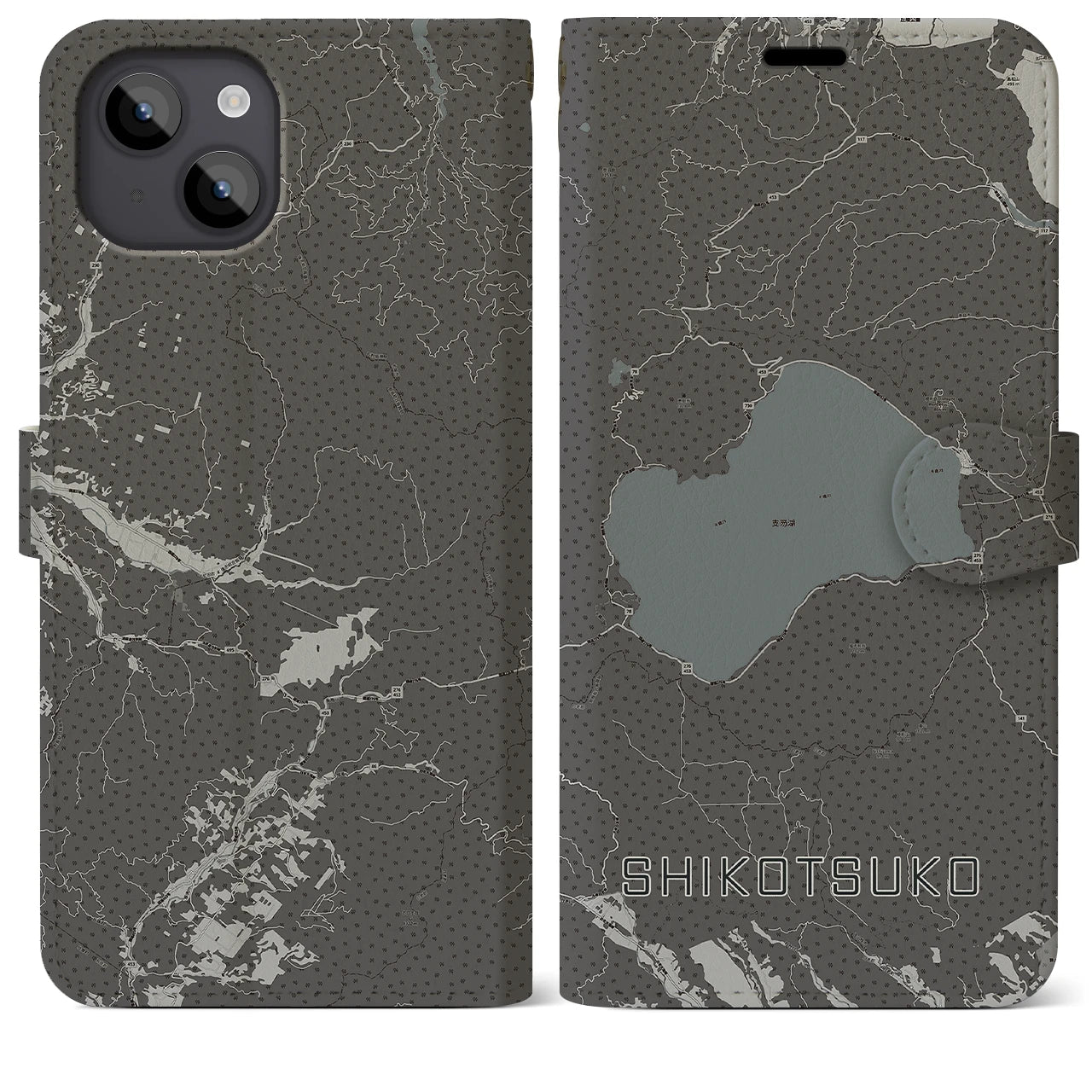 【支笏湖(北海道)】地図柄iPhoneケース(手帳タイプ)モノトーン・iPhone 14 Plus 用