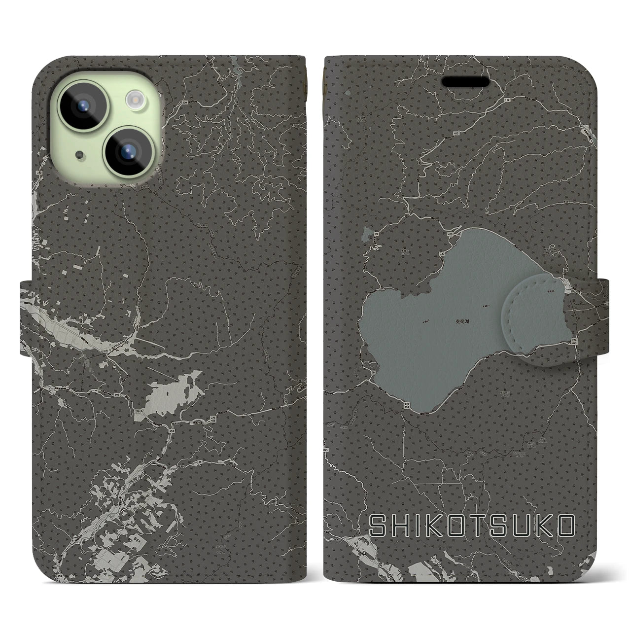 【支笏湖(北海道)】地図柄iPhoneケース(手帳タイプ)モノトーン・iPhone 15 用