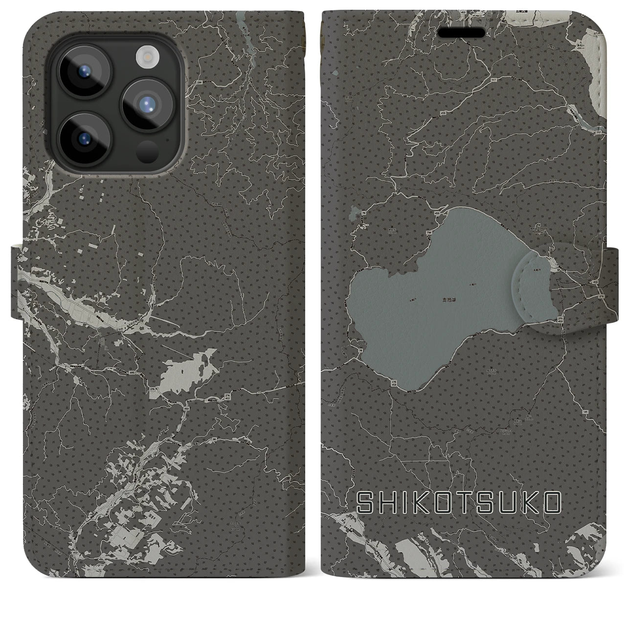 【支笏湖(北海道)】地図柄iPhoneケース(手帳タイプ)モノトーン・iPhone 15 Pro Max 用