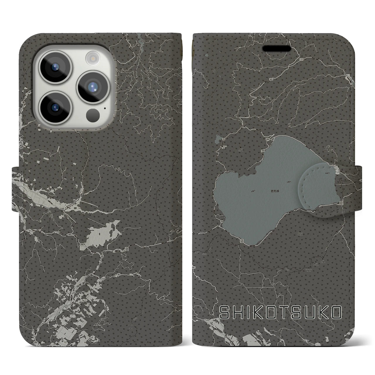 【支笏湖(北海道)】地図柄iPhoneケース(手帳タイプ)モノトーン・iPhone 15 Pro 用