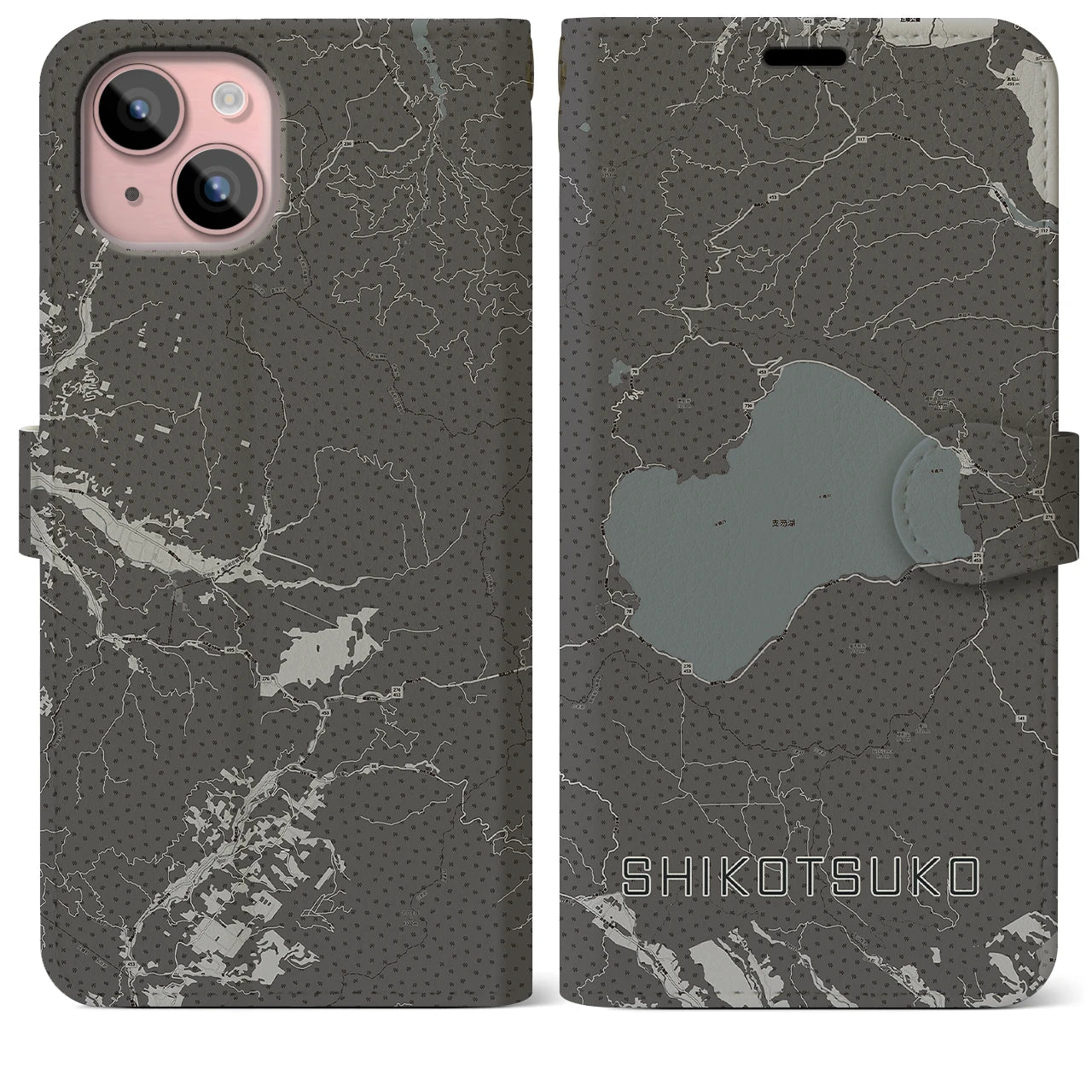 【支笏湖(北海道)】地図柄iPhoneケース(手帳タイプ)モノトーン・iPhone 15 Plus 用