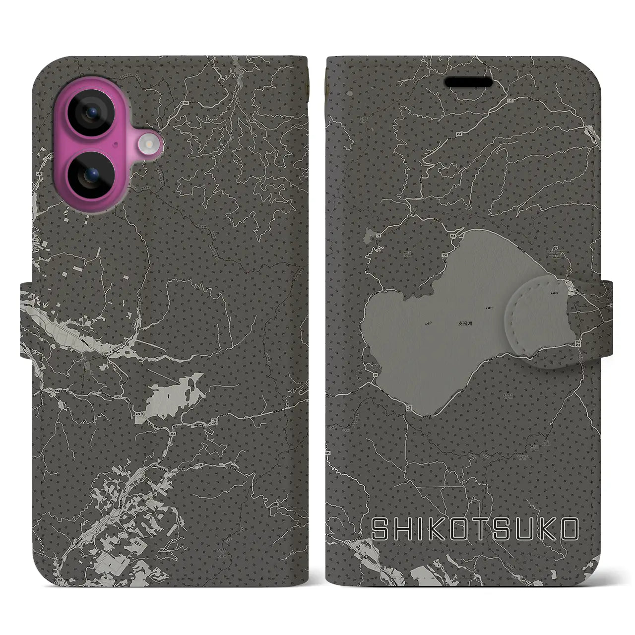 【支笏湖(北海道)】地図柄iPhoneケース(手帳タイプ)モノトーン・iPhone 16 Pro 用