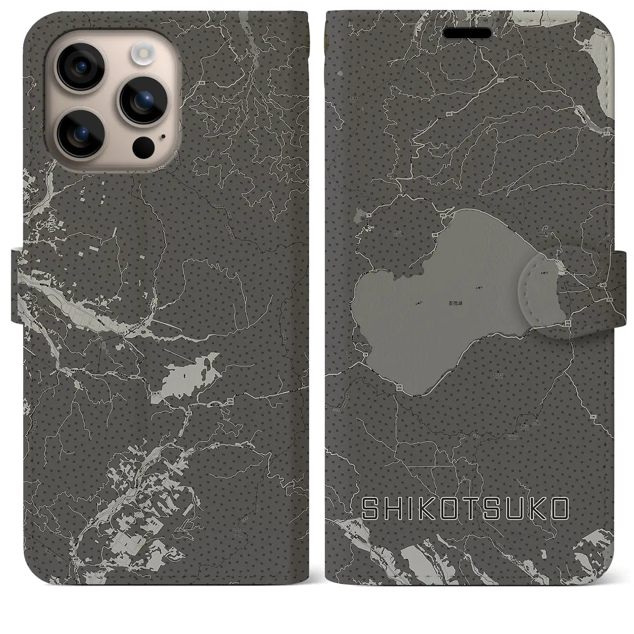 【支笏湖(北海道)】地図柄iPhoneケース(手帳タイプ)モノトーン・iPhone 16 Plus 用