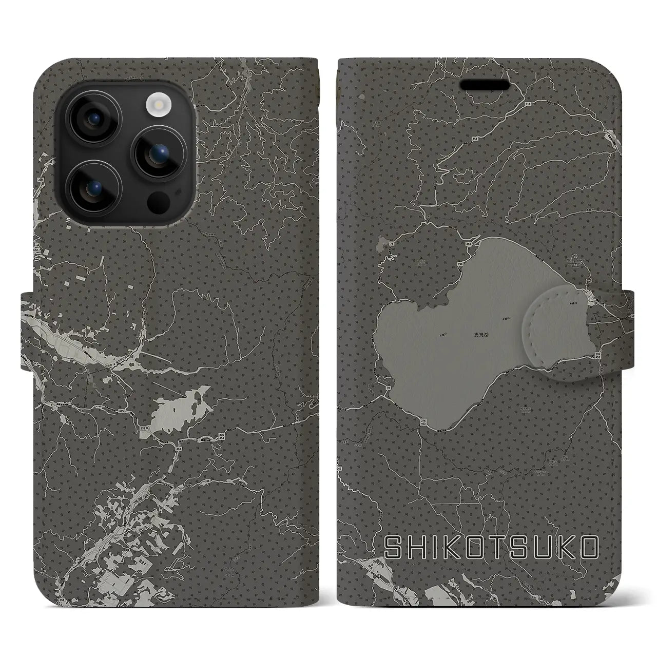 【支笏湖(北海道)】地図柄iPhoneケース(手帳タイプ)モノトーン・iPhone 16 用