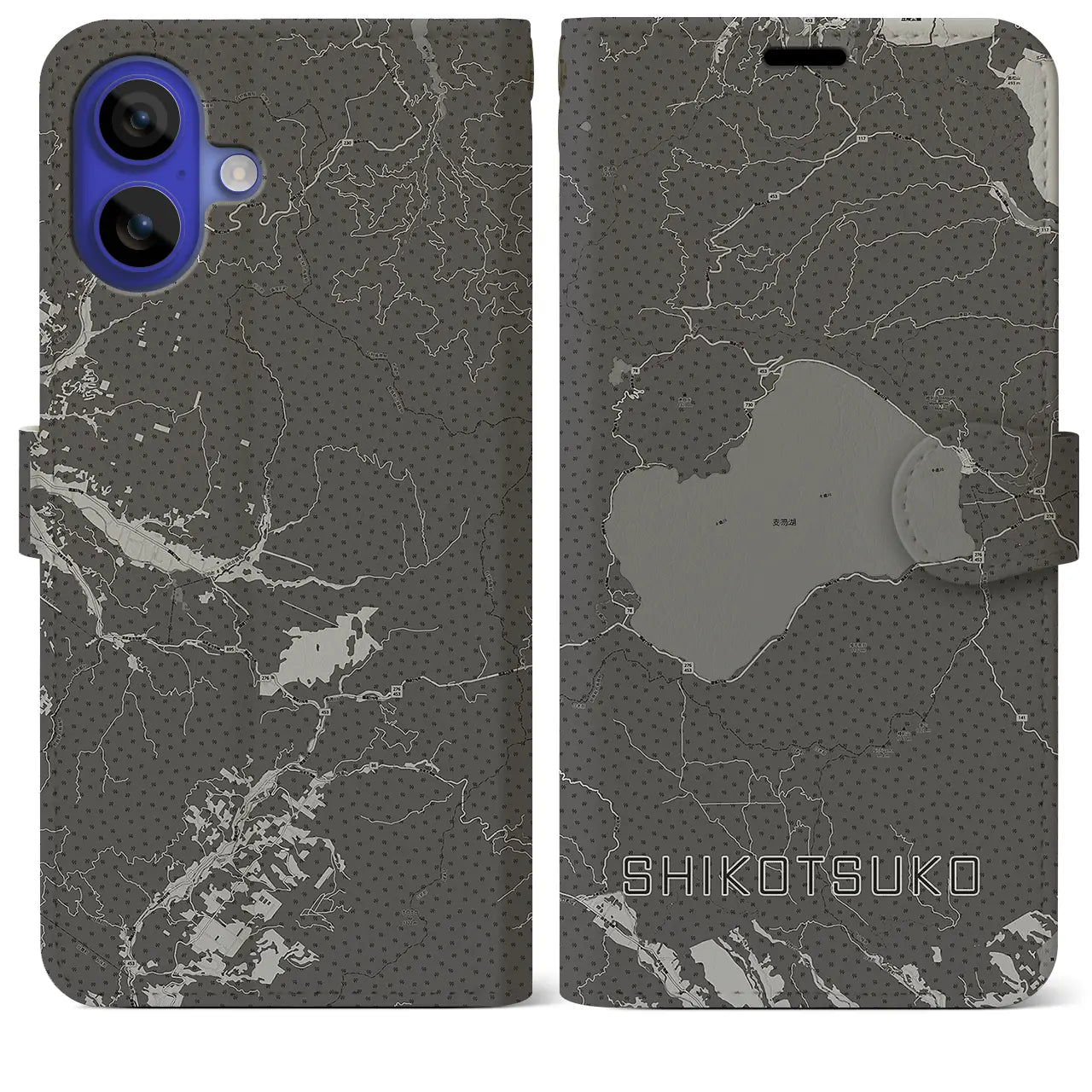 【支笏湖(北海道)】地図柄iPhoneケース(手帳タイプ)モノトーン・iPhone 16 Pro Max 用