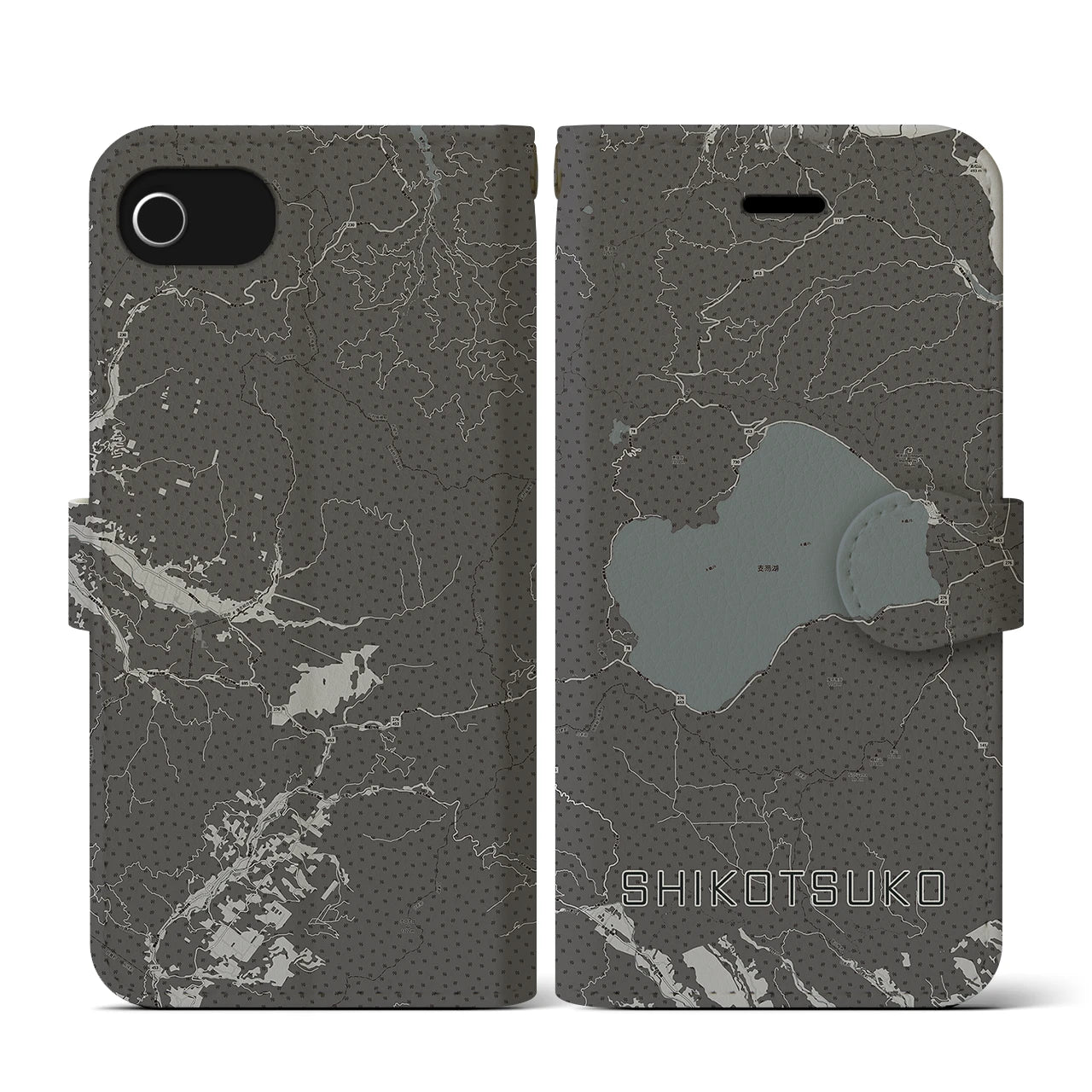 【支笏湖(北海道)】地図柄iPhoneケース(手帳タイプ)モノトーン・iPhone SE(第3 / 第2世代) / 8 / 7 / 6s / 6 用