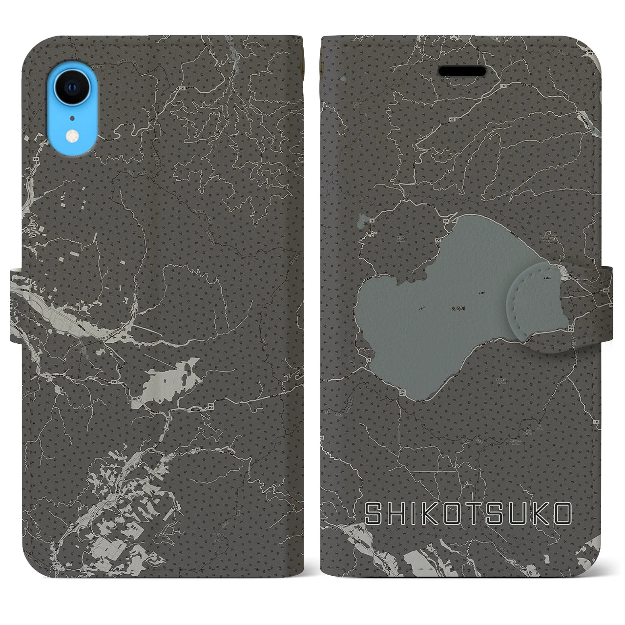 【支笏湖(北海道)】地図柄iPhoneケース(手帳タイプ)モノトーン・iPhone XR 用