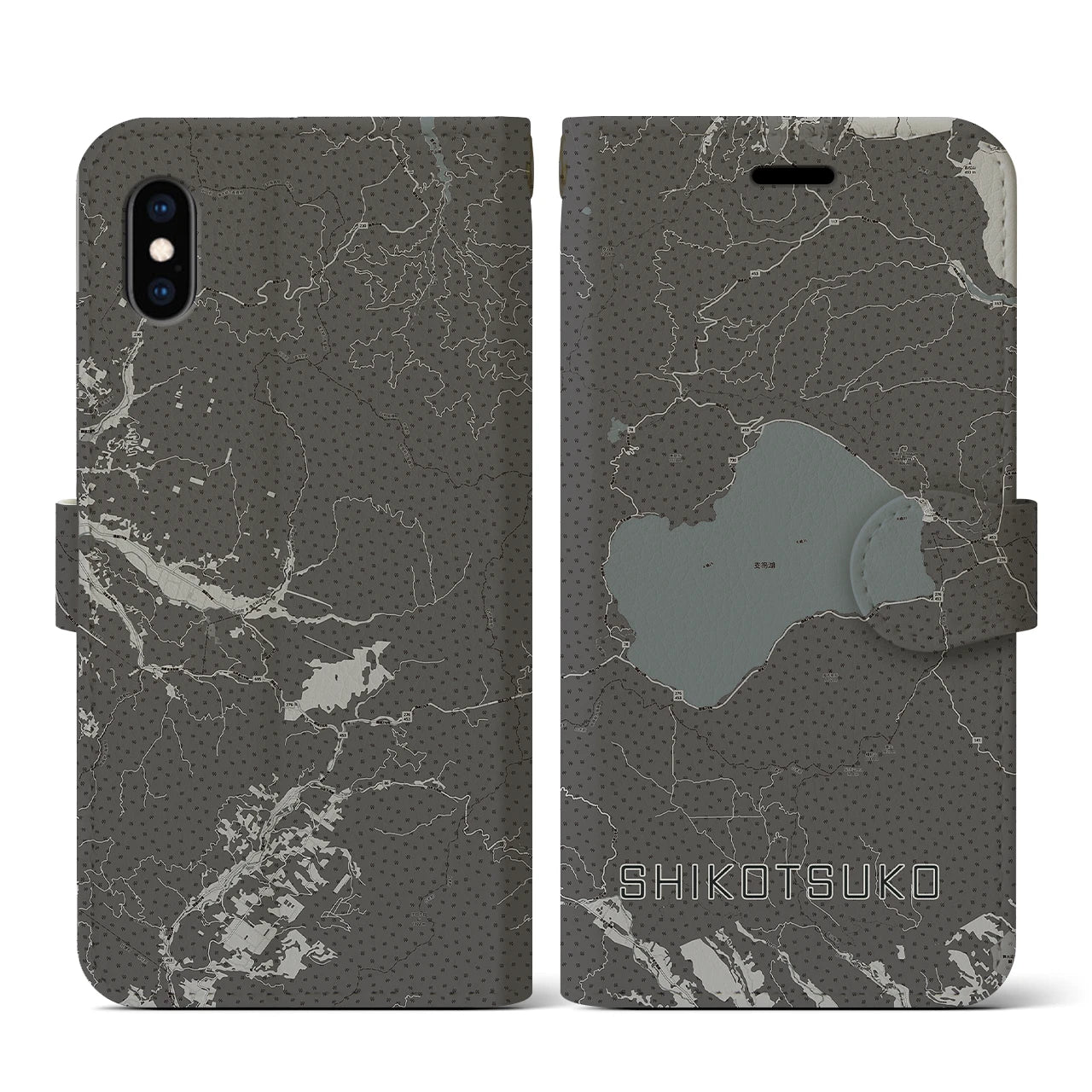 【支笏湖(北海道)】地図柄iPhoneケース(手帳タイプ)モノトーン・iPhone XS / X 用