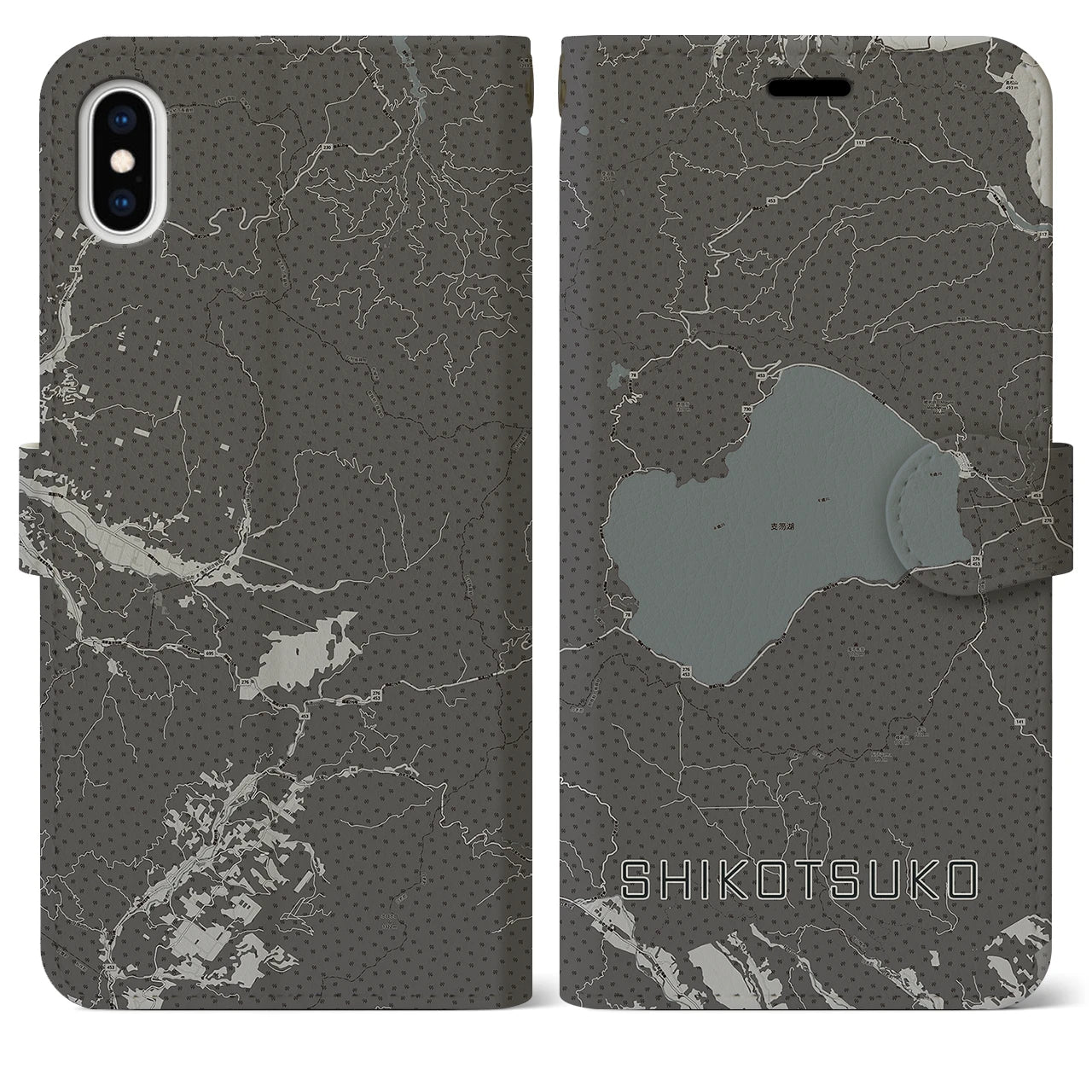 【支笏湖(北海道)】地図柄iPhoneケース(手帳タイプ)モノトーン・iPhone XS Max 用