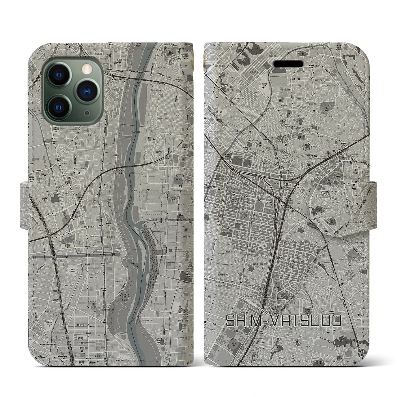 【新松戸(千葉県)】地図柄iPhoneケース(手帳タイプ)モノトーン・iPhone 11 Pro 用