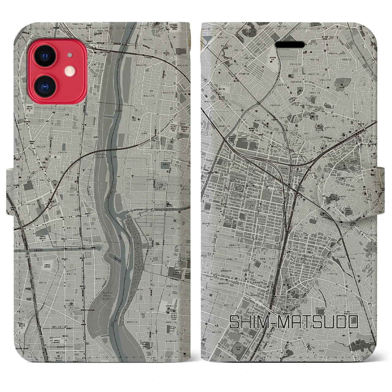 【新松戸(千葉県)】地図柄iPhoneケース(手帳タイプ)モノトーン・iPhone 13 用