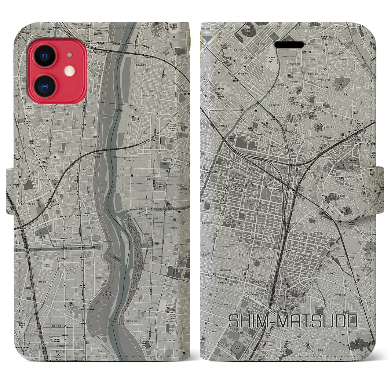 【新松戸(千葉県)】地図柄iPhoneケース(手帳タイプ)モノトーン・iPhone 11 用