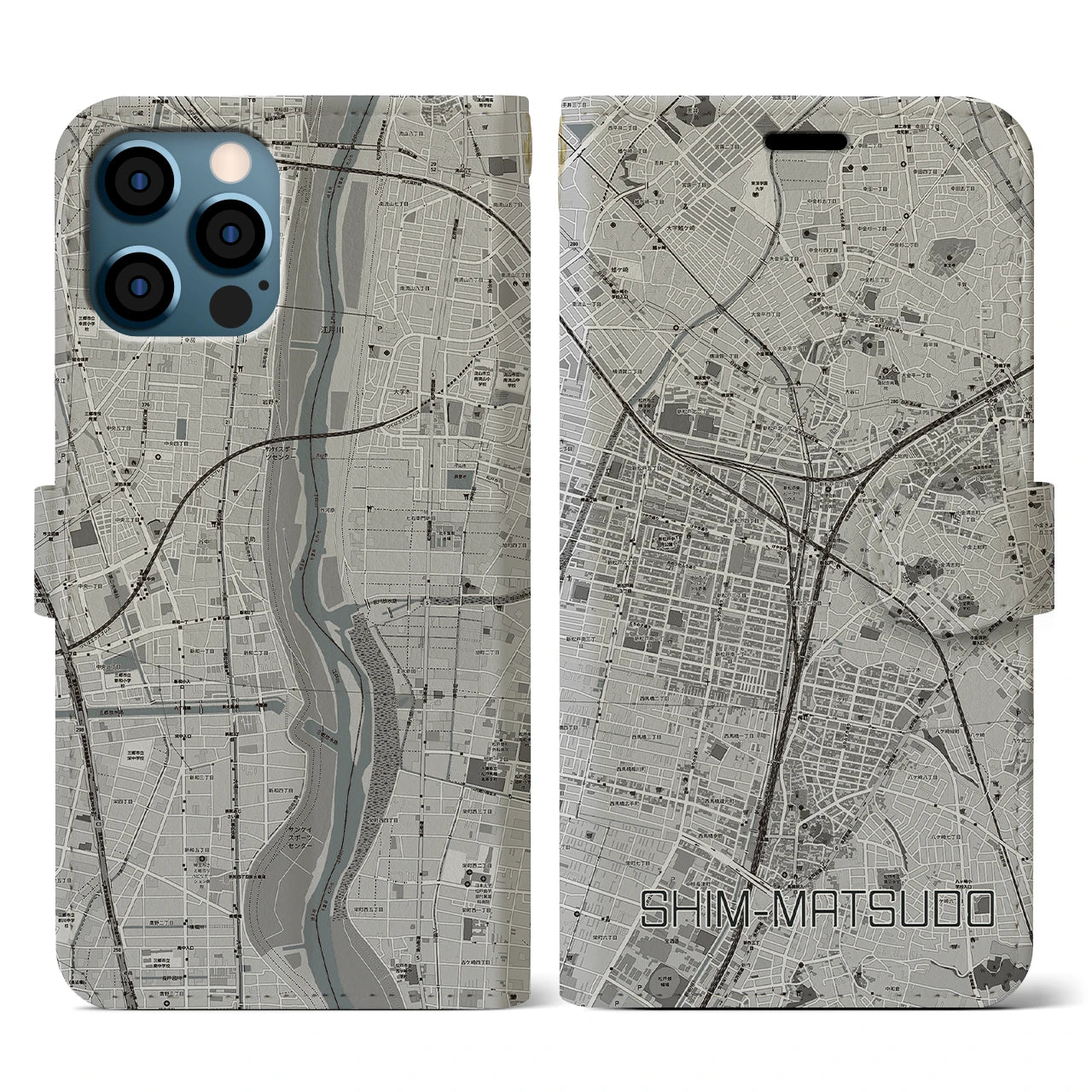 【新松戸(千葉県)】地図柄iPhoneケース(手帳タイプ)モノトーン・iPhone 12 / 12 Pro 用
