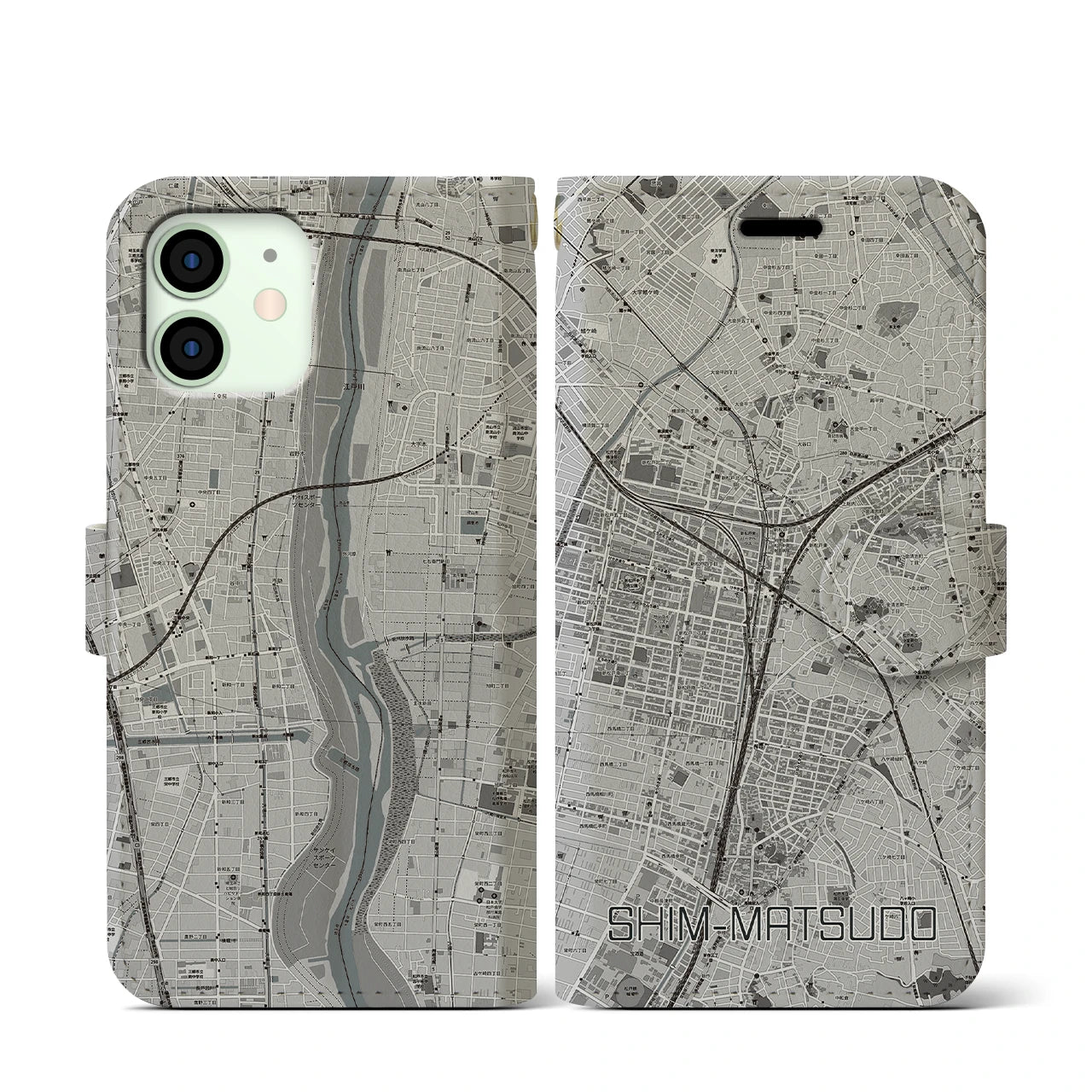 【新松戸(千葉県)】地図柄iPhoneケース(手帳タイプ)モノトーン・iPhone 12 mini 用