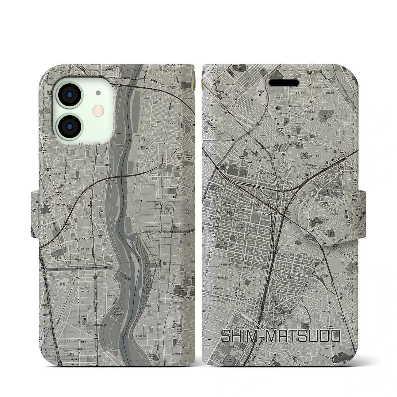 【新松戸(千葉県)】地図柄iPhoneケース(手帳タイプ)モノトーン・iPhone 13 Pro 用