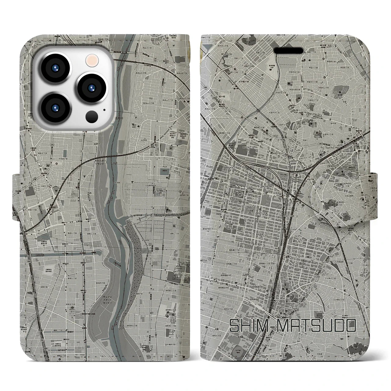 【新松戸(千葉県)】地図柄iPhoneケース(手帳タイプ)モノトーン・iPhone 14 Plus 用