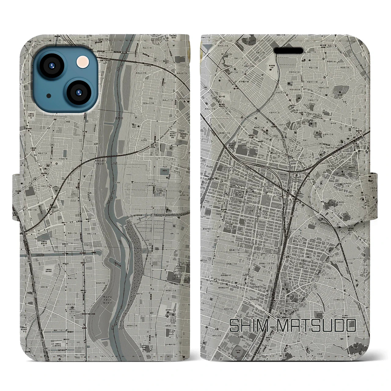 【新松戸(千葉県)】地図柄iPhoneケース(手帳タイプ)モノトーン・iPhone 14 用